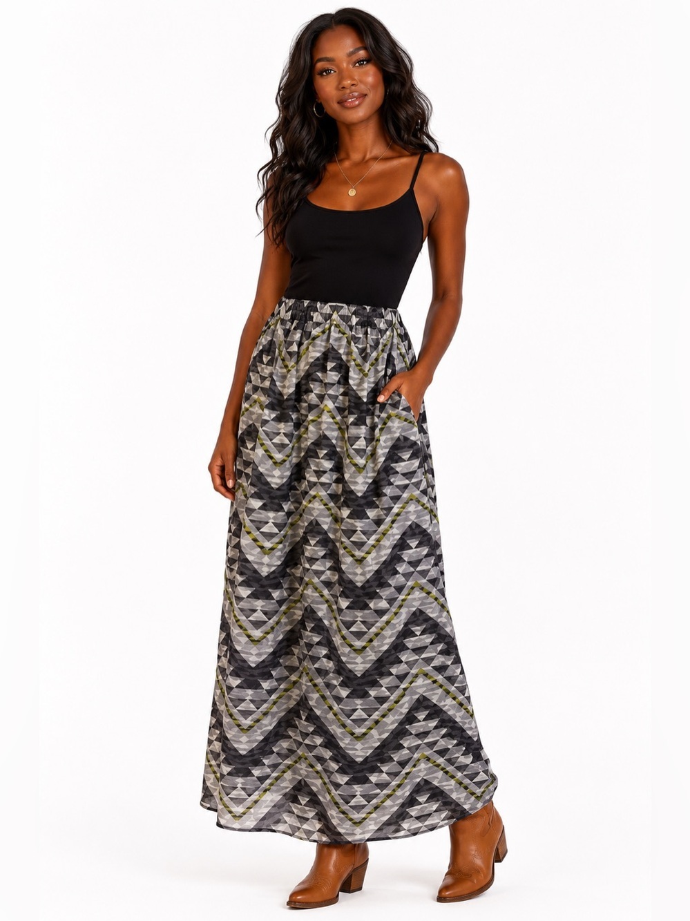 Mimi Chica Dress Grey Black Boho Southwest Maxi Size XS Western Print Sheer Long